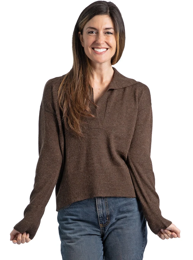 The Alpaca Johnny-Collar Polo Sweater on Model, main image.