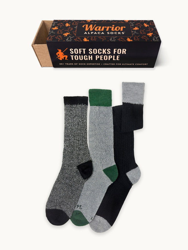 Cold Weather Warrior™ Alpaca Sock Gift Box flatlay with box
