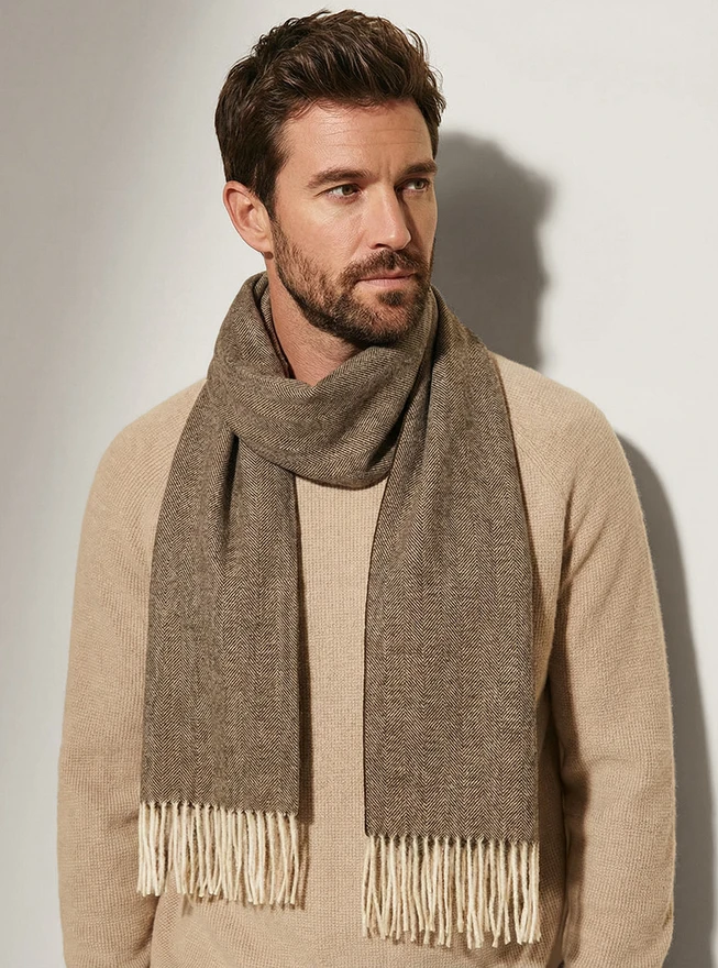 Herringbone 100% Baby Alpaca Wool Scarf - Chestnut on Model