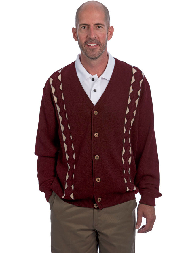 Men's Palmer Braid Alpaca Golf Cardigan On Model - Front - Cranberry Wheat.