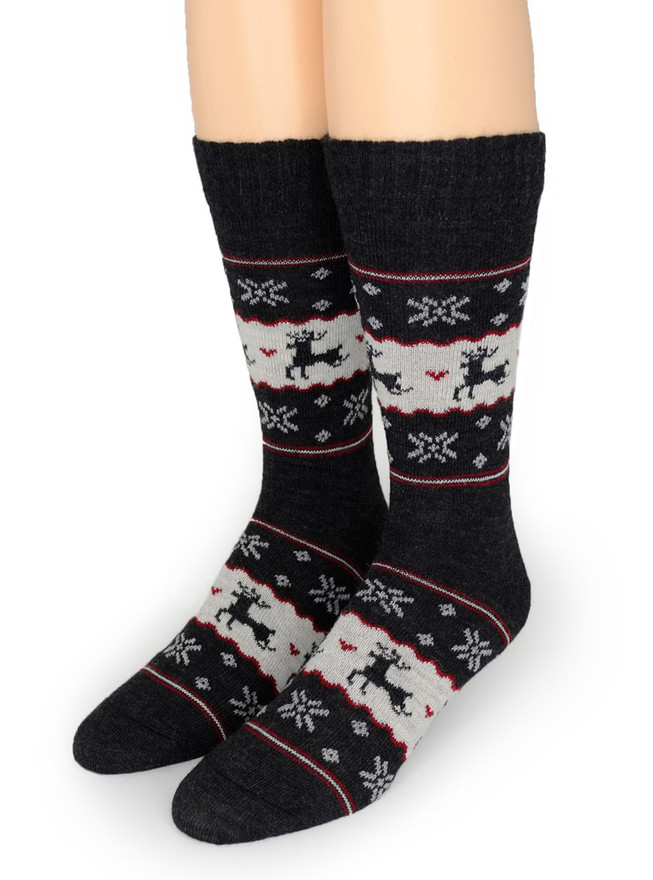 Fair Isle Reindeer Crew 100% Alpaca Wool Socks  Toe