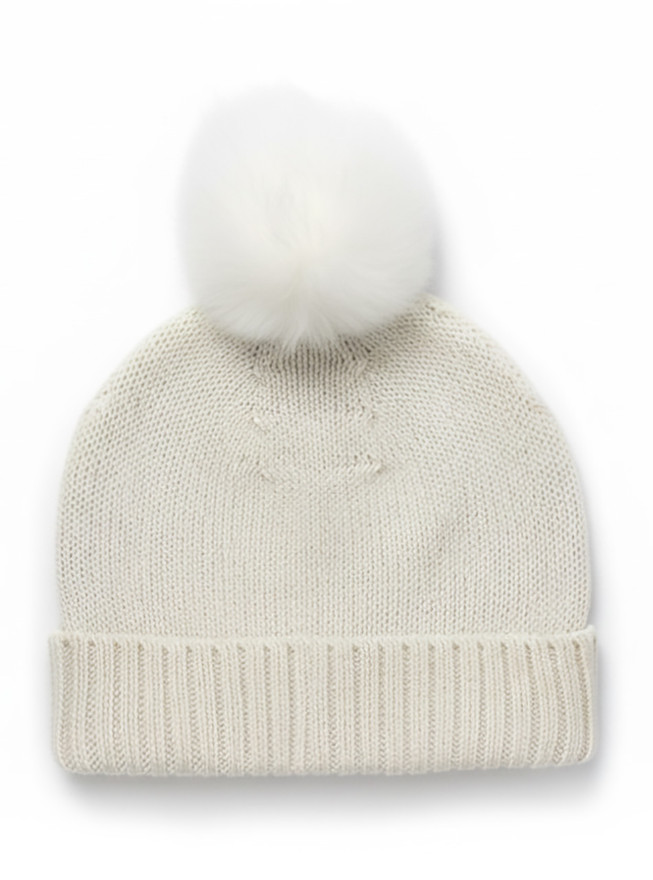 Baby Alpaca Knit Beanie Hat Pom Pom detail Fur Pom Pom Baby Alpaca Knit Beanie in White Main Image