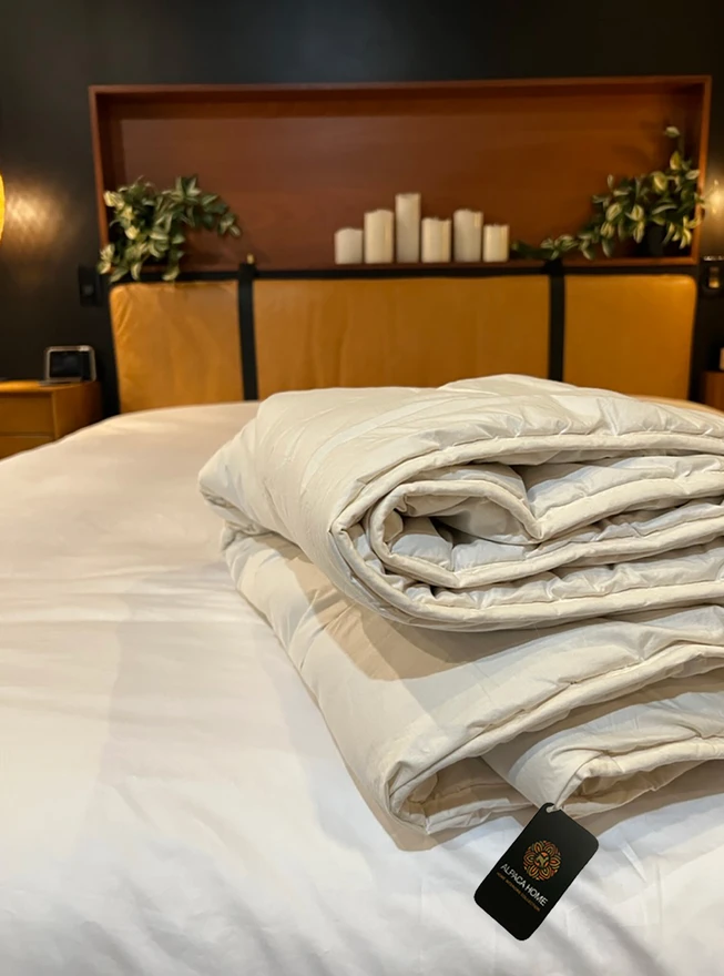 Personalized Alpaca Duvets for Couples. Main, one half of duvet on bed.