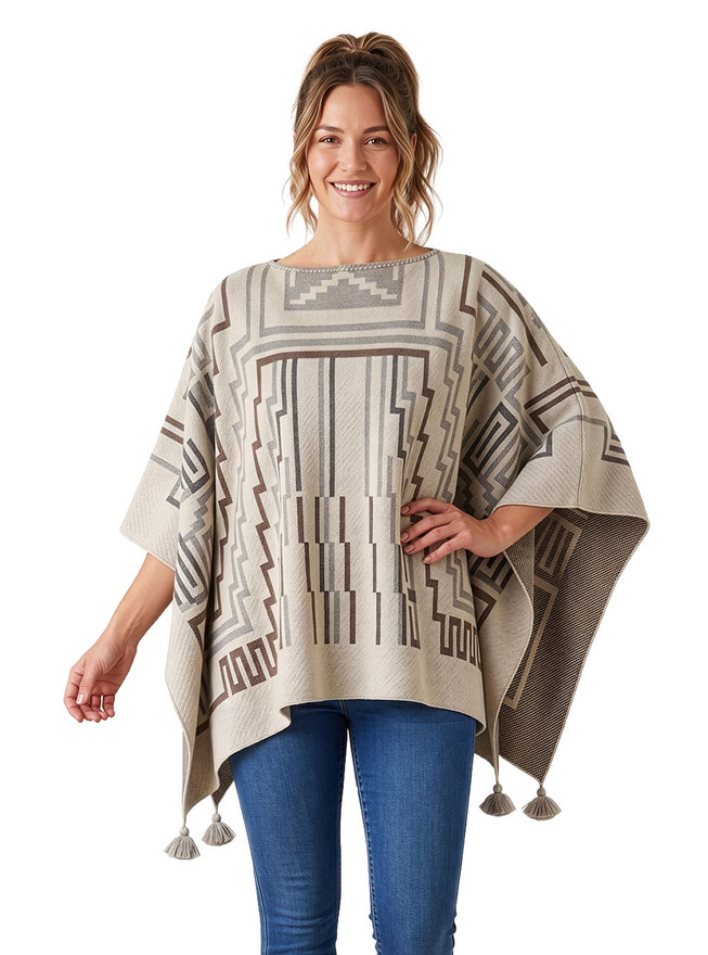 Lineas Baby Alpaca Wool Tassel Poncho Bone on model - Main