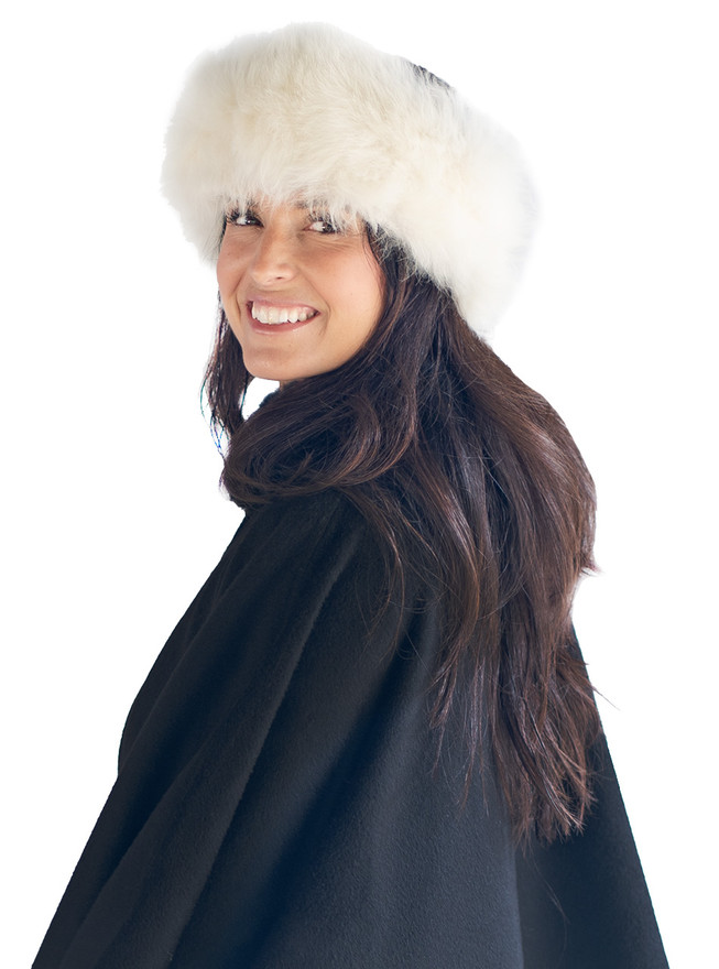 Women's Silhouette Alpaca Fur Headband, white on model.