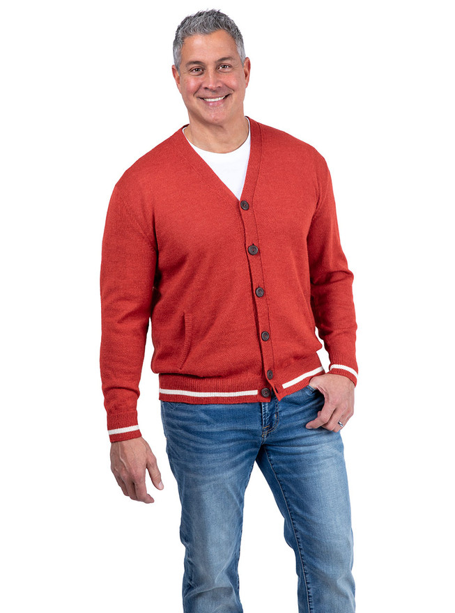 Mens Vintage Varsity Alpaca Wool Cardigan with Retro Style - Adobe Main image.