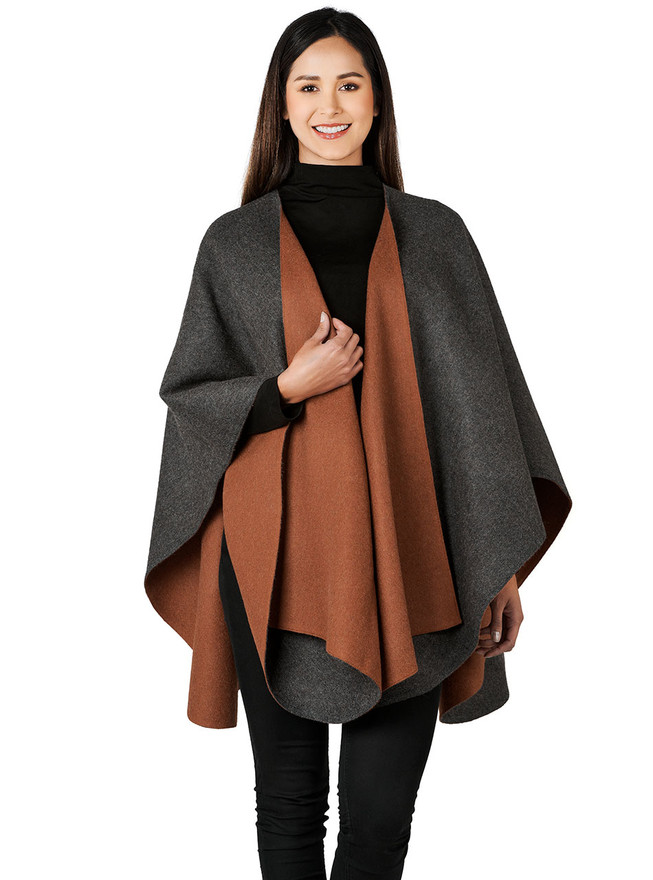 Women's Aurora Reversible Alpaca Ruana Wrap - 100% Baby Alpaca Wool - on Model.