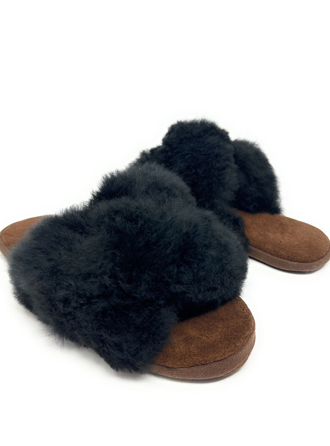 Criss-Cross Alpaca Fur & Suede Slippers  close up.