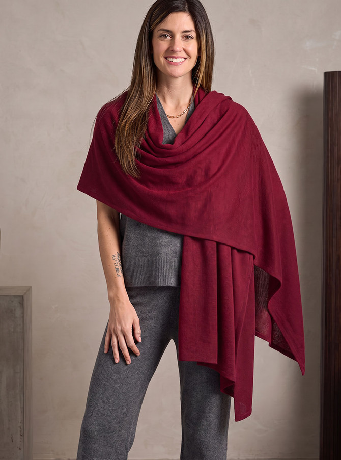 The Voyage Jersey Alpaca Wrap  -100% Baby Alpaca Shawl & Scarf, lifestyle image, burgundy