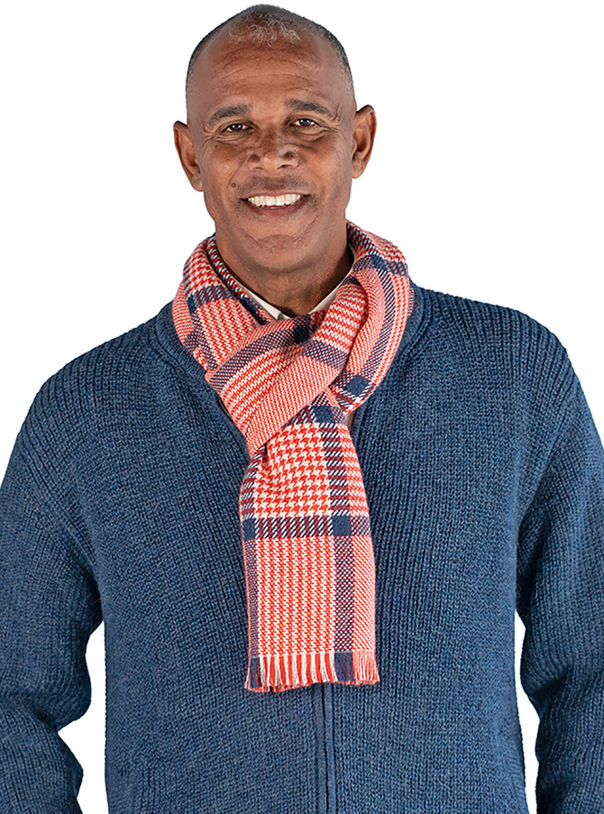 Houndstooth Plaid Check Alpaca Scarf,  Sriracha Red/Navy Plaid on Man.