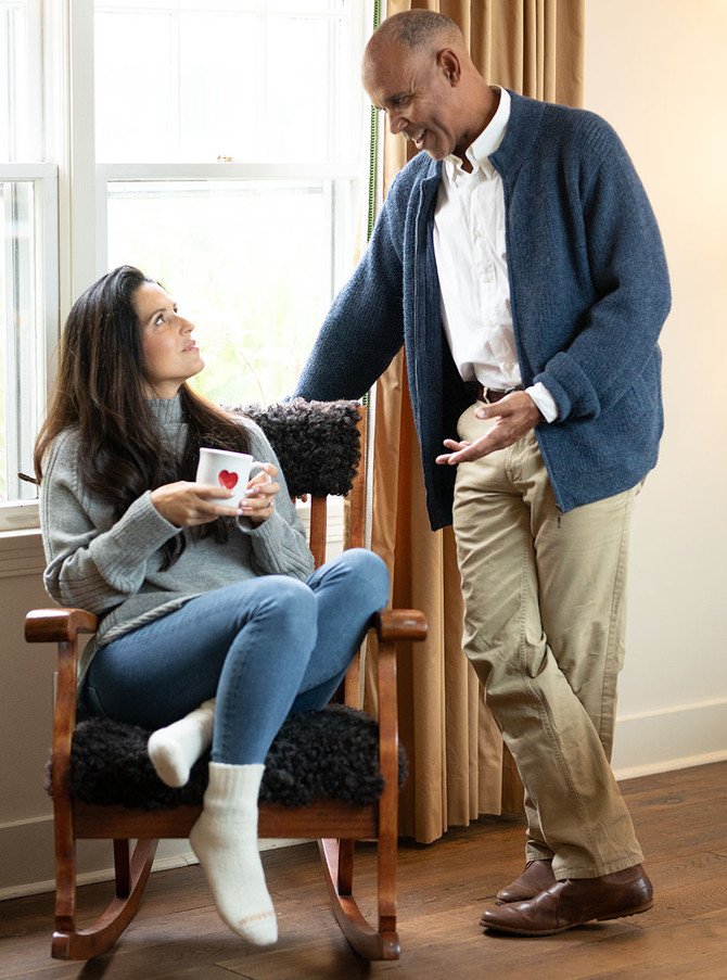 Alpaca Sweater Mens' Heritage Full-Zip Front Cardigan Sweater in Heritage Blue,  Lifestyle image.