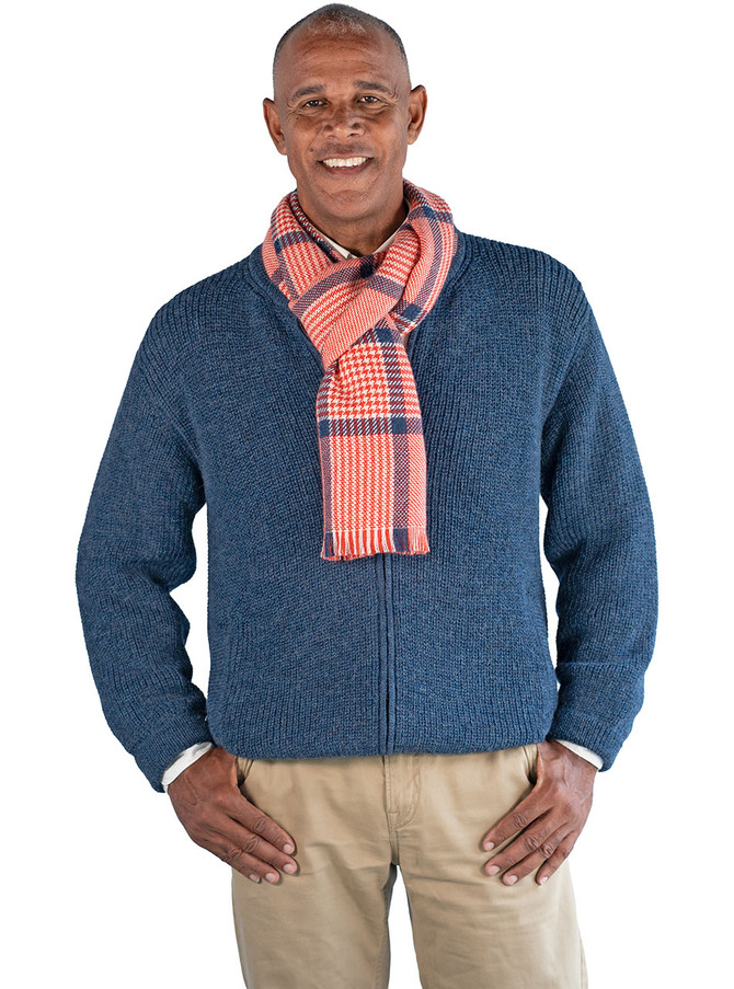 Alpaca Sweater Mens' Heritage Full-Zip Front Cardigan Sweater  in Heritage Blue, paired with Herringbone Scarf in Sirracha.