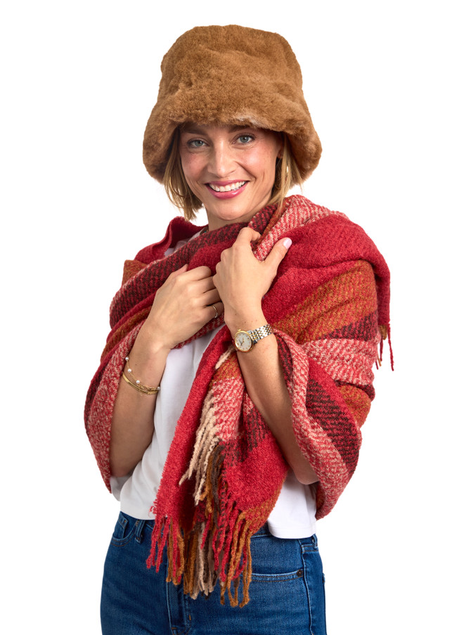 Alpaca & Silk Boucle Oversized Scarf in Moroccan Stripe shown on the model