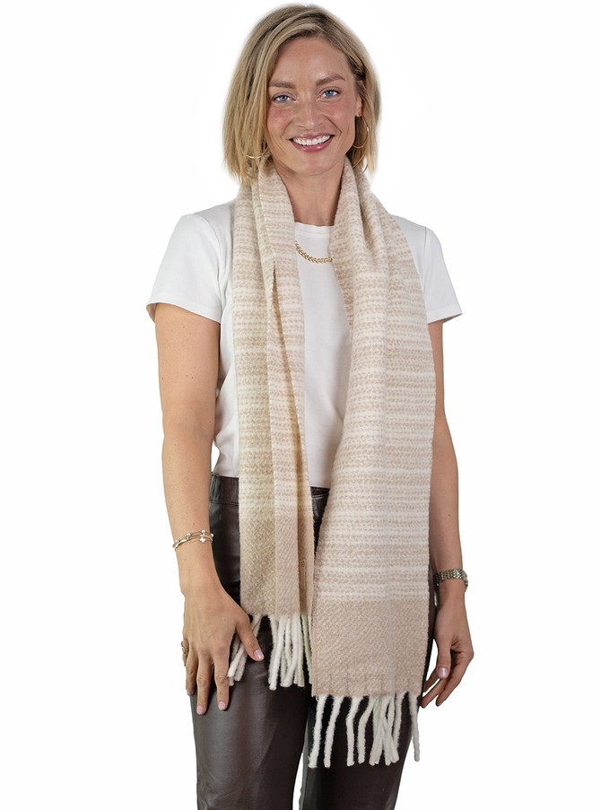 Striped bouclé alpaca wool scarf with soft chunky texture and twisted fringe, on model, main image
