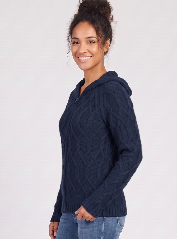 Twisted 100% Alpaca Wool Zip Hoodie, Cable Knit Sweater, side.