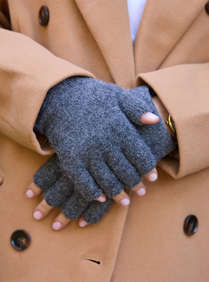 Woman wearing fingerless baby alpaca gloves.