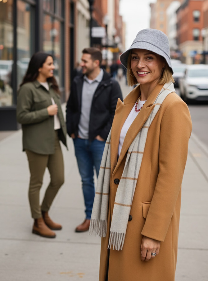 Female Model wearing reversible alpaca wool bucket hat outdoors