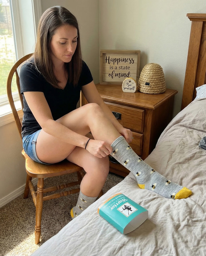 Adult wearing Bee Happy Alpaca Socks lifestyle