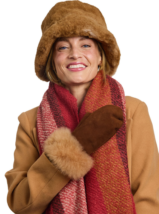 Women’s Suede & Baby Alpaca Shearling Mittens, brown and fawn on model