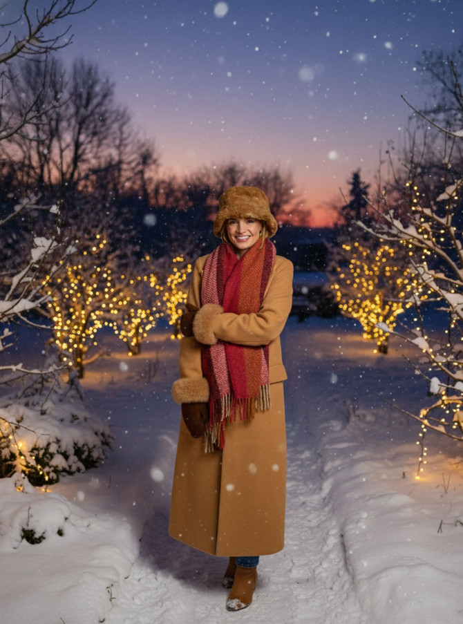 Model wearing women’s alpaca shearling mittens outdoors in winter setting