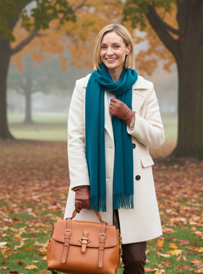 Baby Alpaca Scarf Solid Blue Styled on Model outside with Fall leaves
