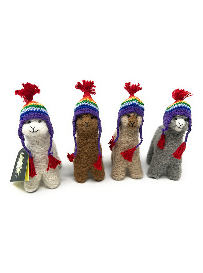 Needle Felted Alpaca 5" Figurines in Rainbow Chullo Hats - All Natural Colors, Handmade.