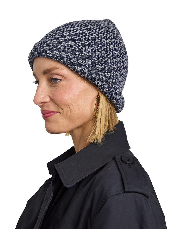 Jacquard Fisherman Alpaca Beanie Side, folded on Female Model,