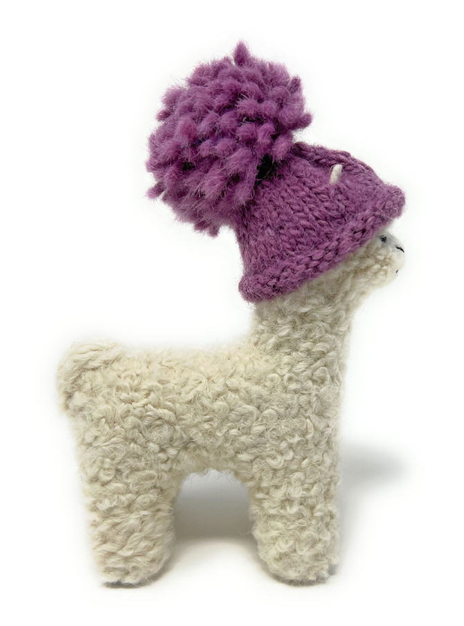 Needle Felted Alpaca Figures with Oversized Pom-Pom Hat - White Side.