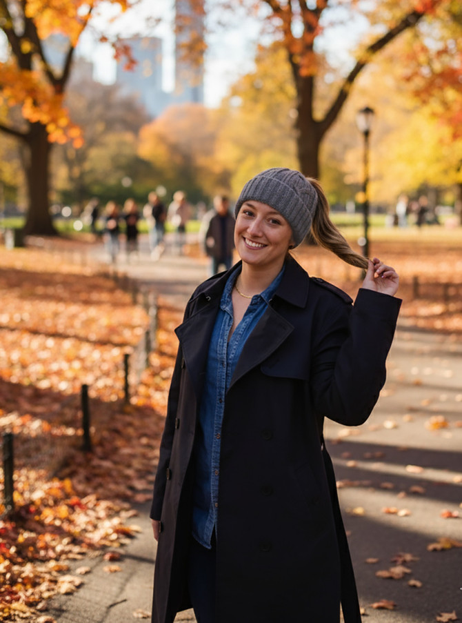 Woman wearing chunky cable alpaca ponytail beanie outdoors
