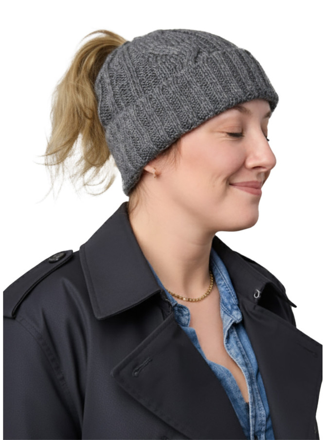 Side view of women’s alpaca ponytail beanie