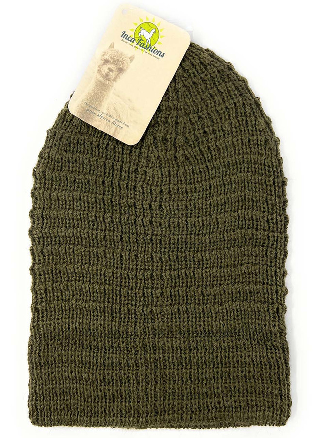 Un-folded cuff detail on waffle-knit baby alpaca beanie, Mystic Military Green, flat.