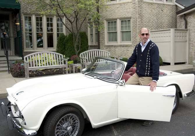 Men's Palmer Braid Alpaca Golf Cardigan on model with classic car.
