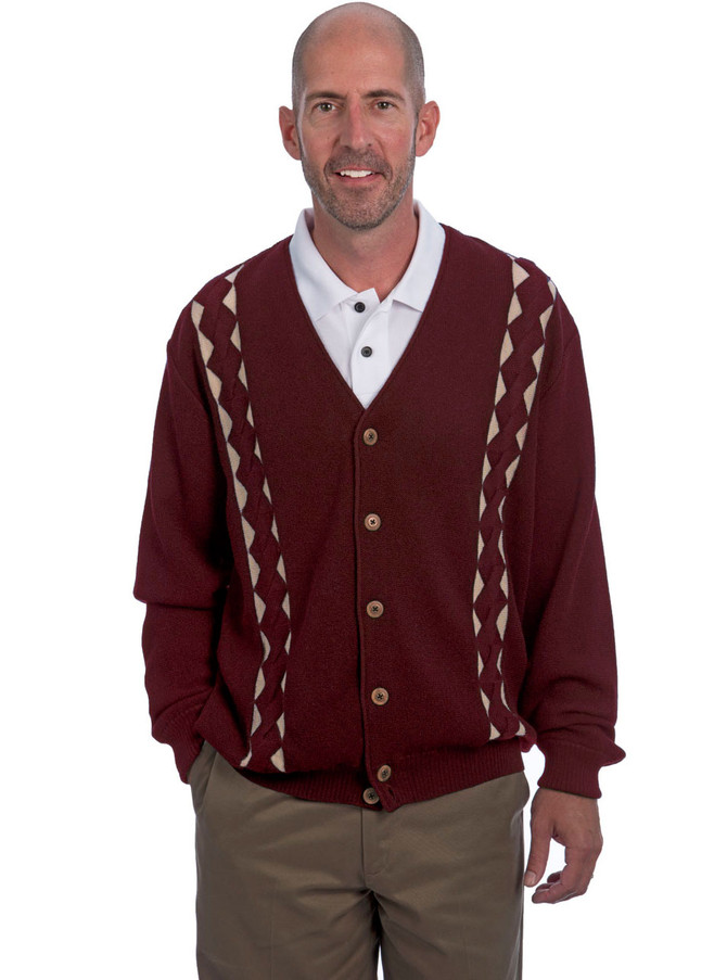Men's Palmer Braid Alpaca Golf Cardigan On Model - Front - Cranberry Wheat.