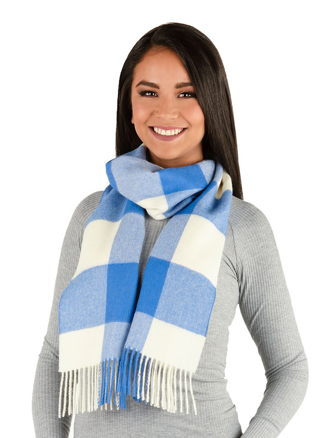 Buffalo Check Plaid 100% Baby Alpaca Scarf  in Blue and White on female model