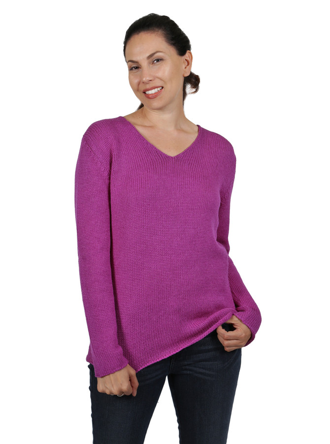 Women's Jewel V-neck 100% Baby Alpaca Wool Pullover Sweater Lavender On Model Main image.