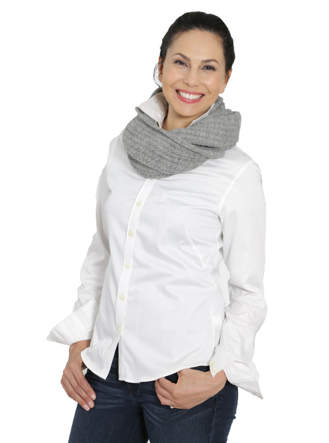 California Cable Knit Alpaca Scarf Tucked infinity style on Model