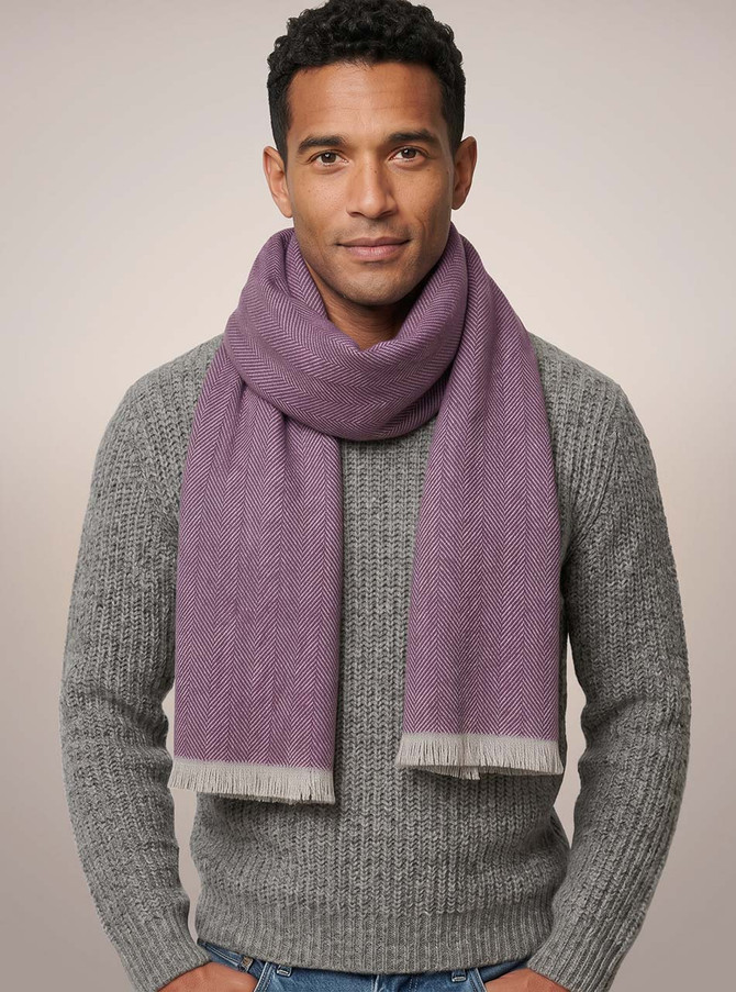 Chevron Eyelash Fringe Baby Alpaca Scarf in Plum Royale on man