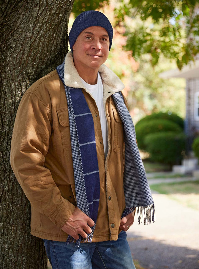 Window Pane Houndstooth Baby Alpaca Scarf, Reversible Man