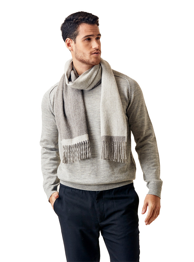 Striped Double Face Two-Sided Scarf made from 100% Baby Alpaca Wool on male model - Silver Stripe.