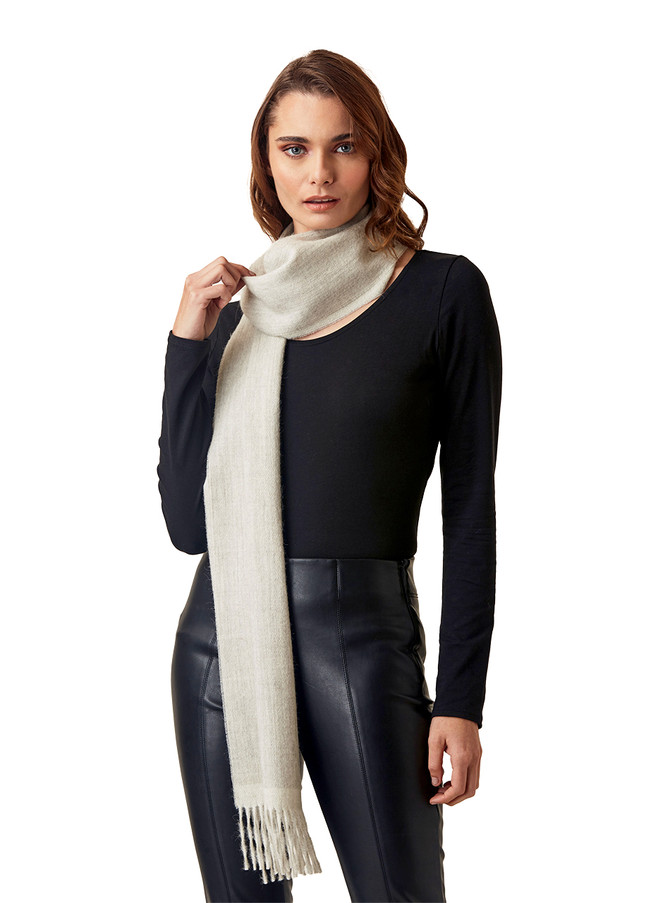 Striped Double Face Two-Sided Scarf made from 100% Baby Alpaca Wool on female model - Smoke Stripe.