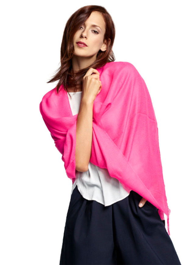 Armory Oversized Baby Alpaca Wrap in Barbie Pink-tastic Worn as shawl on model.