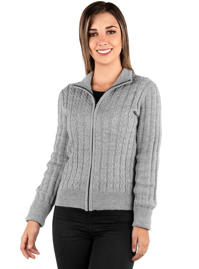 Women's Newcastle Cable Zip Baby Alpaca Cardigan On Model Front