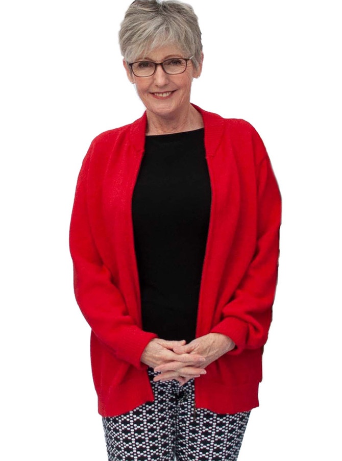 Mister Rogers Iconic Red Alpaca Cardigan - on Model Woman