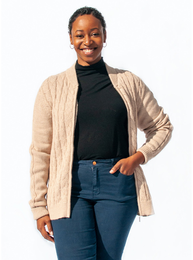 Mister Rogers Cable Knit Cardigan Sweater in Beige on Woman