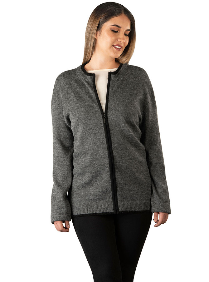 Mister Rogers Tipped Zip Cardigan Sweater on Woman.