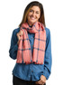 Houndstooth Plaid Check Alpaca Scarf,  Sriracha Red/Navy Plaid on woman.