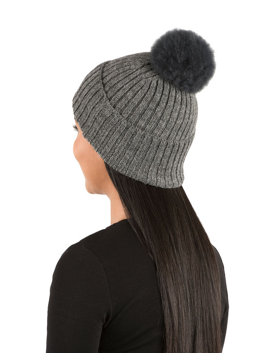 Fur Pom Pom Alpaca Beanie Hat in Charcoal
On Model 