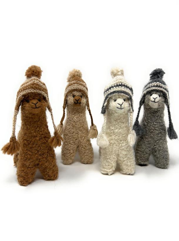Needle Felted Alpaca Figurines in Natural Chullo Hats - Handmade, Main Image all colors.