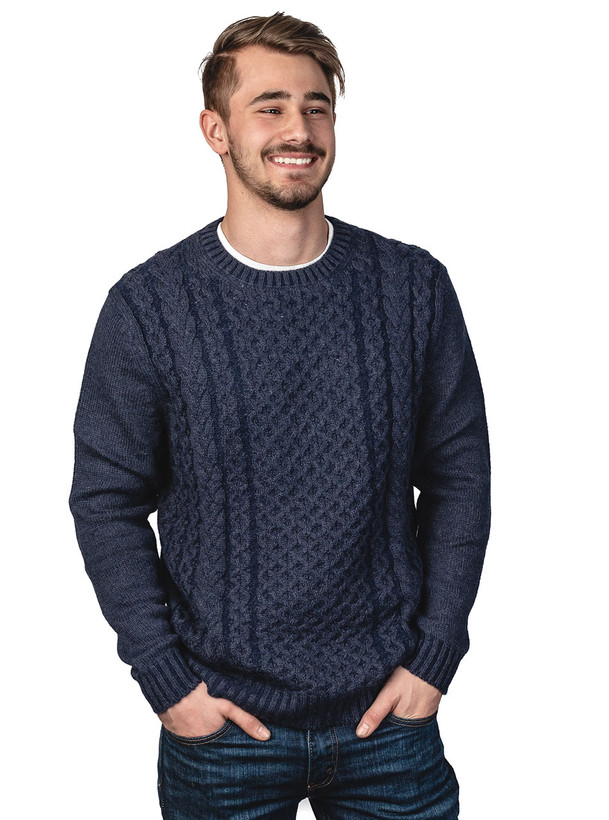 Men's Alpaca Blend Cable Crew Neck Two-Tone Modern Pullover | Free