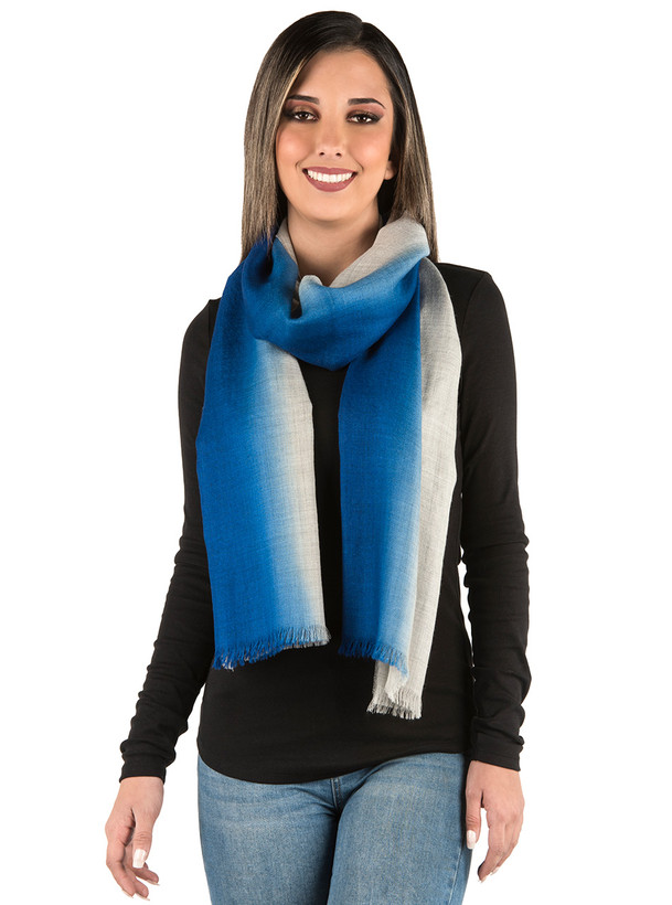 Ombre Stripe Oversized Scarf / Shawl in Grey Baby Alpaca Wool & Silk - Grey-Azure on Model Looped